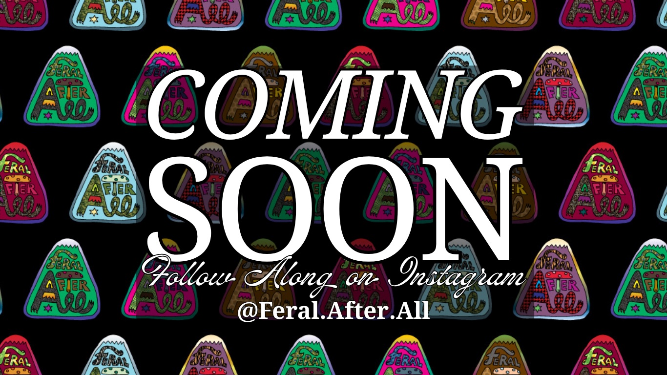 Splash image with multicolor and texture variations of the Feral After All logo with an invitation to connect on Instagram. Website coming soon!